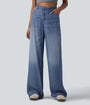 Asymmetric Mid Rise Draped Wide Leg Casual Jeans with Pockets - Lounge