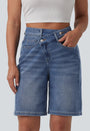 Lounge Flex™ Asymmetric High Waisted Washed Denim Casual Shorts 9'' with Pockets - Lounge