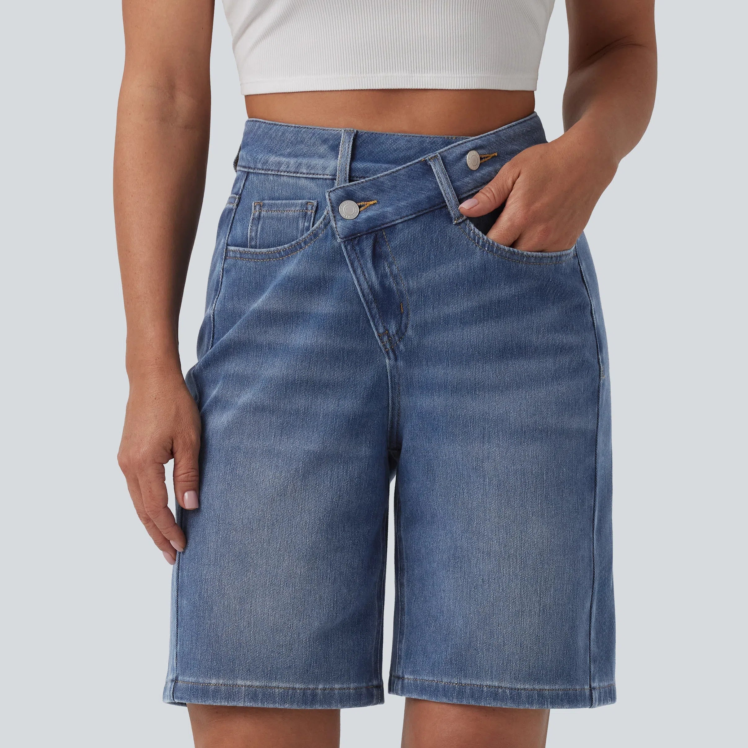 Lounge Flex™ Asymmetric High Waisted Washed Denim Casual Shorts 9'' with Pockets - Lounge
