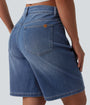Lounge Flex™ Asymmetric High Waisted Washed Denim Casual Shorts 9'' with Pockets - Lounge