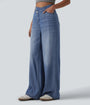 Asymmetric Mid Rise Draped Wide Leg Casual Jeans with Pockets - Lounge