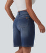 Lounge Flex™ Asymmetric High Waisted Washed Denim Casual Shorts 9'' with Pockets - Lounge
