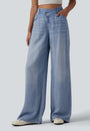 Asymmetric Mid Rise Draped Wide Leg Casual Jeans with Pockets - Lounge