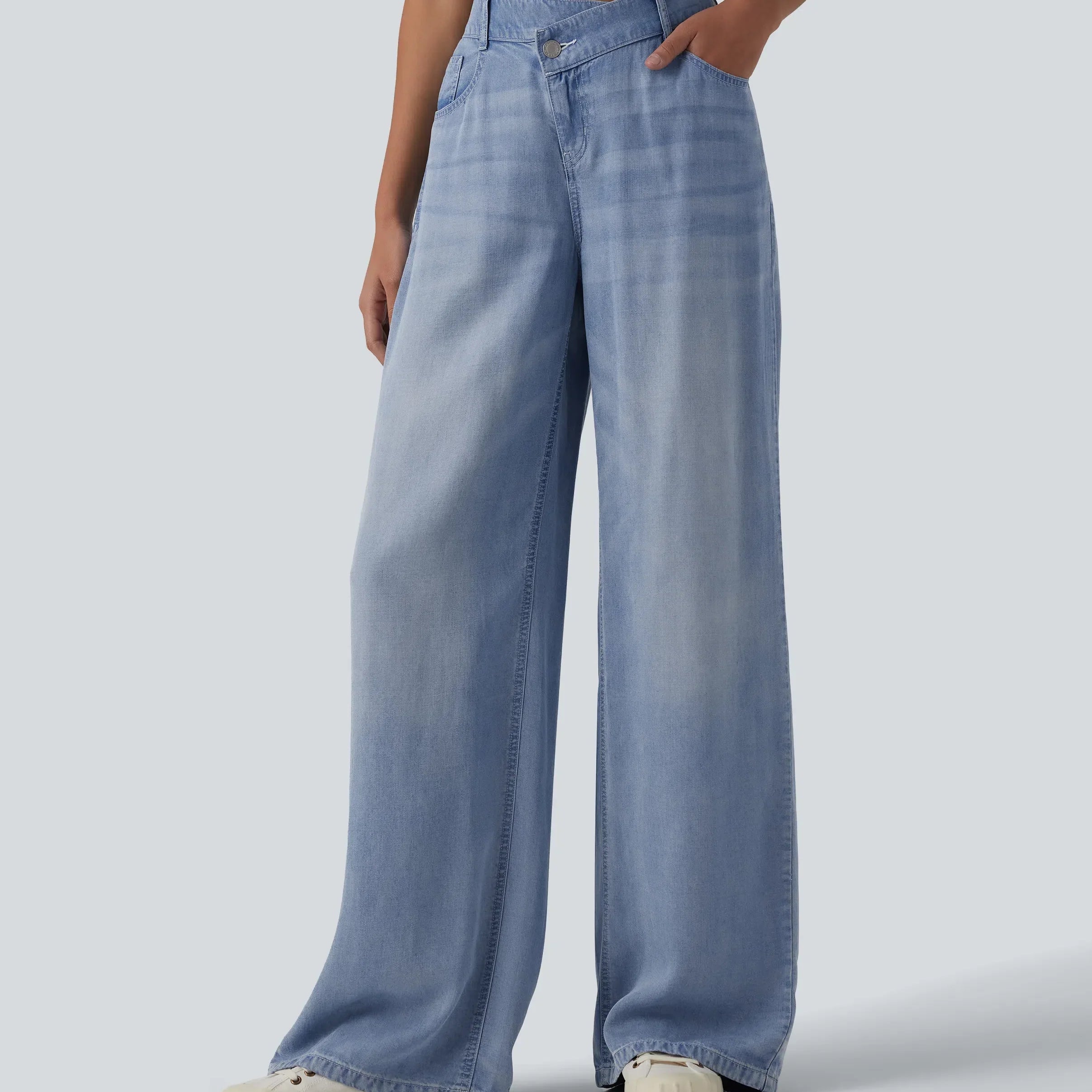 Asymmetric Mid Rise Draped Wide Leg Casual Jeans with Pockets - Lounge