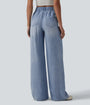 Asymmetric Mid Rise Draped Wide Leg Casual Jeans with Pockets - Lounge