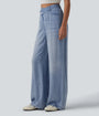 Asymmetric Mid Rise Draped Wide Leg Casual Jeans with Pockets - Lounge