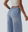 Asymmetric Mid Rise Draped Wide Leg Casual Jeans with Pockets - Lounge