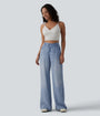 Asymmetric Mid Rise Draped Wide Leg Casual Jeans with Pockets - Lounge
