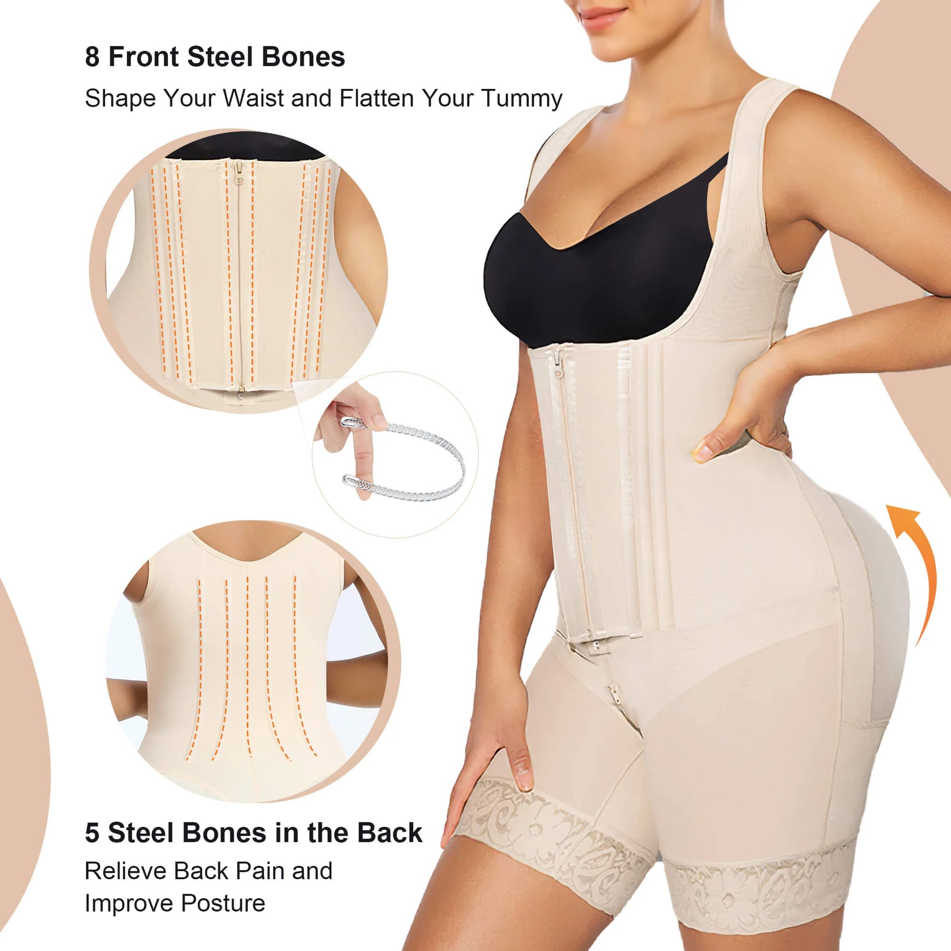 VELARE Zipper & Hook 8-Steel-Bones Open Bust Fajas with Butt Lift