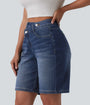 Lounge Flex™ Asymmetric High Waisted Washed Denim Casual Shorts 9'' with Pockets - Lounge