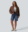 Lounge Flex™ Asymmetric High Waisted Washed Denim Casual Shorts 9'' with Pockets - Lounge
